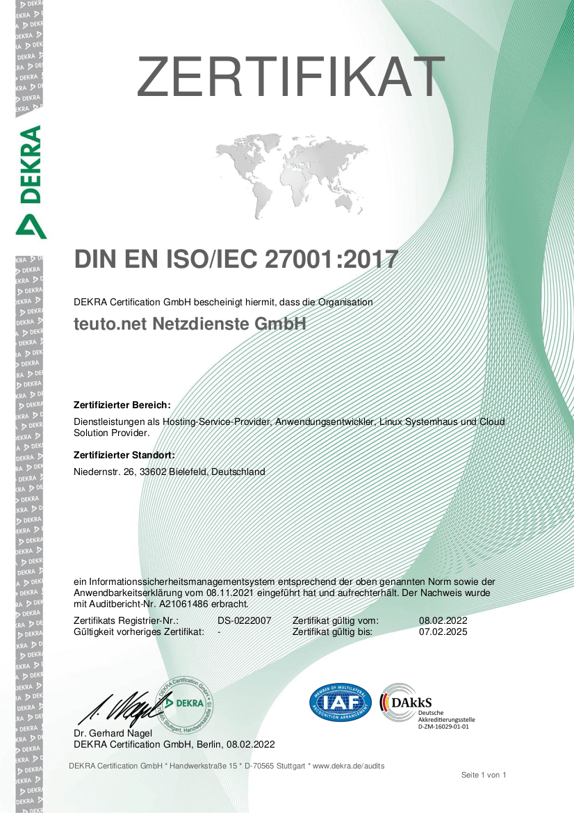 ISO 27001 Zertifikat teuto.net